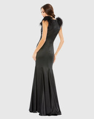 Black Feather Shoulder V-Neck Gown
