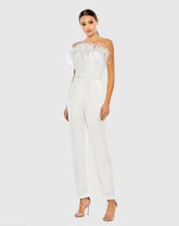Strapless Jumpsuit with Feather Trim