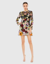 Black Floral Embroidered Long Sleeve Mini Dress