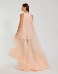 Light Pink Tulle High Neck Sleeveless Ruffled Hem Hi-Low Gown