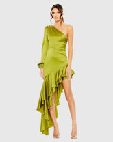 Green Charmeuse One Sleeve Ruffled Asymmetrical Gown