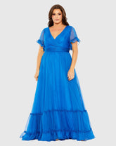 Blue Chiffon Flutter Sleeve A-line Plus Size Dress