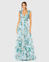 Blue Chiffon V-Neck Sleeveless Cut-Out Lace Up Back Gown