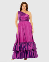 Purple One Shoulder Tiered Ruffle Hem Evening Gown (Plus)
