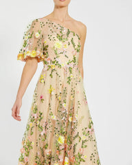 Yellow One Shoulder Lace Embroidered Dress
