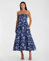 Blue Strapless Brocade Midi Dress