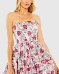 Pink Strapless Brocade Mini Dress