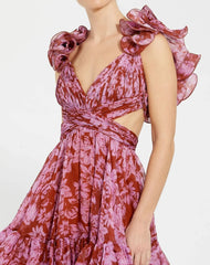 Red and Pink Ruffle Tiered Cut-Out Chiffon Midi Dress