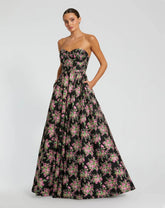 Black Strapless Sweetheart Brocade Floral Ballgown