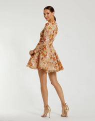 Beige High Neck Long Sleeve Sequin A Line Mini Dress
