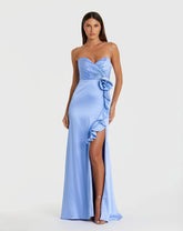 Blue Strapless Satin Column Gown With 3D Flower