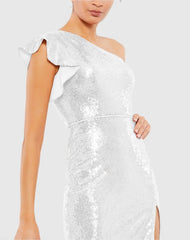 White Sequined Flutter One Shoulder Fitted Midi Dress