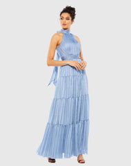 Blue Tie Neck Tiered Halter Gown