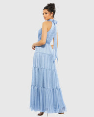 Blue Tie Neck Tiered Halter Gown