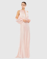 Pink Tied Keyhole Cold Shoulder Bishop Sleeve Gown