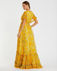 Yellow Multicolor Flounce Sleeve Floral Maxi Dress