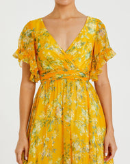 Yellow Multicolor Flounce Sleeve Floral Maxi Dress