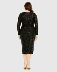Black Long Sleeve Sequin Gathered Waist Dress