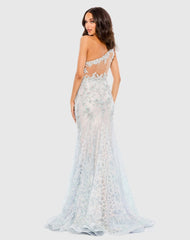 Blue Embroidered Applique Feathered One Shoulder Trumpet Gown