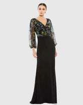 Black Embroidered Illusion Puff Sleeve Gown