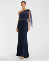 Navy Embellished One Shoulder Draped Gown