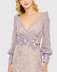 Purple Lace Long Sleeve V Neck Embellished Gown - Final Sale