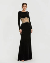 Black Long Sleeve Sheer Embellished Velvet Gown
