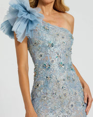 Blue Embellished Tulle Flower Detail Mermaid Gown