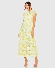 Yellow High Neck Ruffle Cap Sleeve Floral Dress