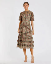 Beige Illusion Floral Midi Dress with Ruffle Detailing