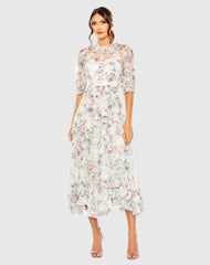 White Multicolor Mesh Puff Sleeve Floral Print Dress