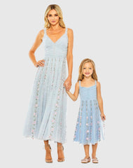 Blue Ruffle Floral Embroidered Detail Midi Dress