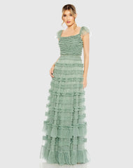 Green Ruffle Cap Sleeve Tiered Ruffle Gown