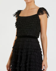 Black Ruffle Cap Sleeve Tiered Midi Dress