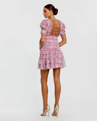 Purple Deep V Lace Back Puff Sleeve Mini Dress