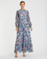 Blue Floral Long Sleeve High Neck Ruffle Midi Dress
