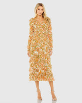 Orange Long Sleeve Low Back Floral V Neck Ruffle Dress