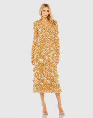 Orange Long Sleeve Low Back Floral V Neck Ruffle Dress