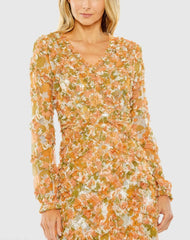 Orange Long Sleeve Low Back Floral V Neck Ruffle Dress
