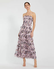 Strapless Floral Micro Ruffle Dress
