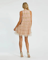 Beige Sleeveless High Neck Beaded Ruffle Mini Dress