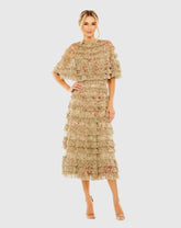 Green Floral Ruffle Midi Dress With Cape