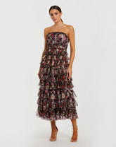 Black Multicolor Strapless Micro Ruffle A Line Midi Dress