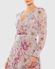 Multicolor Hand Embellished Floral Long Sleeve Midi Dress
