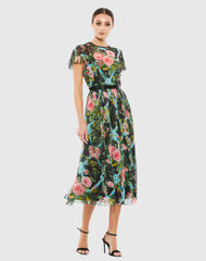 Multicolor Floral Illusion Cap Sleeve Midi Dress
