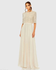 Chiffon Gown w/ Fully Beaded 3/4 Sleeve Top