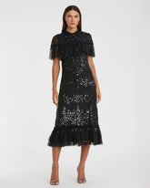 Black Sequined High Neck Ruffled Midi Dress