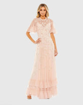 Pink Ruffled Floral Embellished Flutter Sleeve A-Line Gown