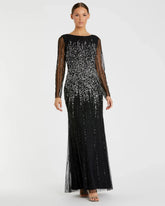 Black High Neck Sequin Embellished Long Sleeve A Line Gown