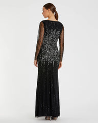 Black High Neck Sequin Embellished Long Sleeve A Line Gown